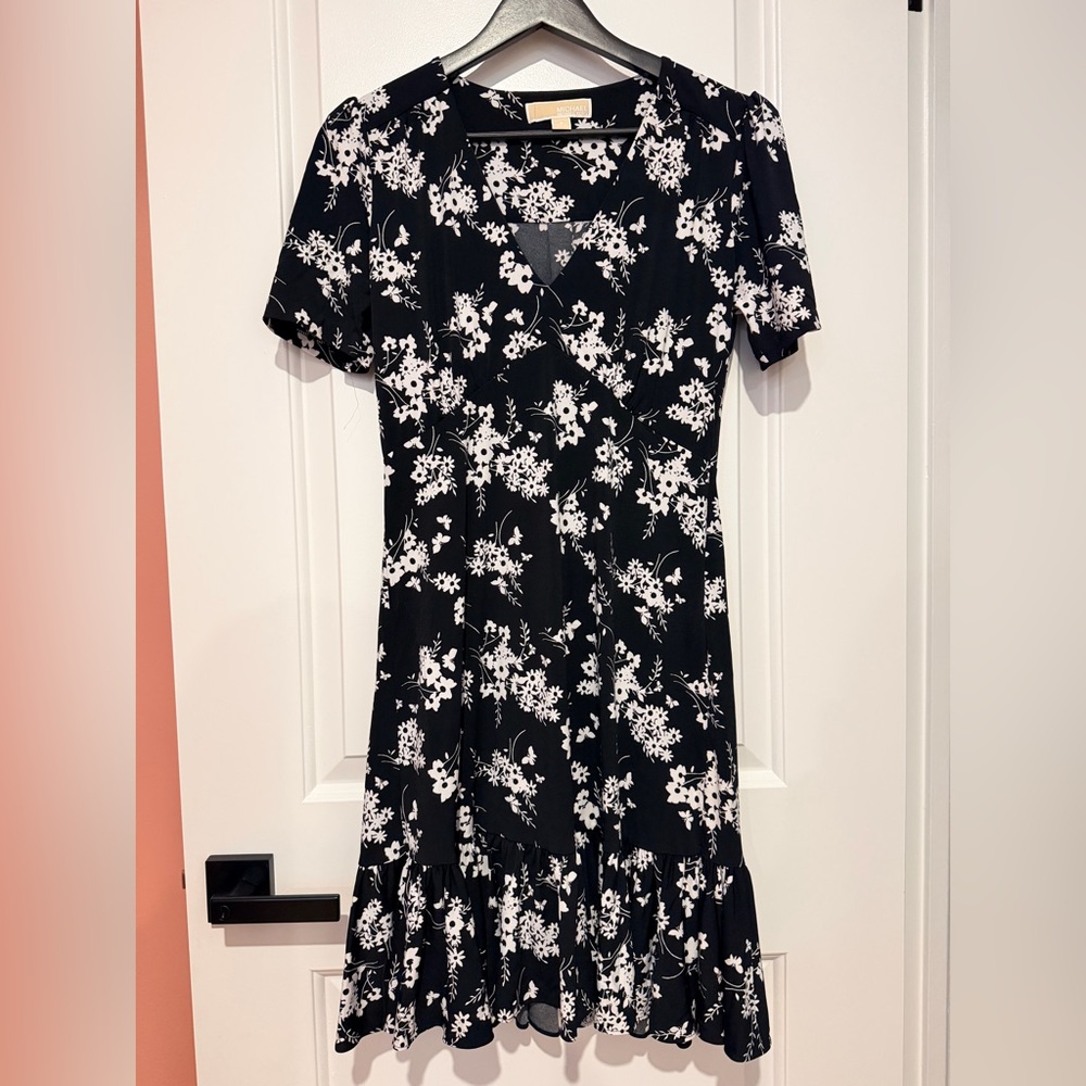 Michael Kors Black and White Floral Wrap-Style Midi Dress